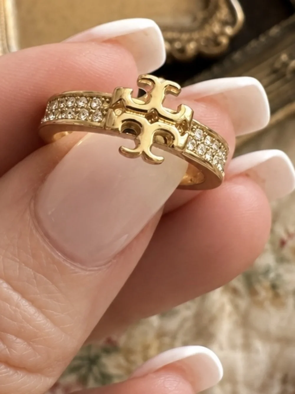 TORY BURCH • Gold Double T Crystal Logo Ring Includes Tory Burch Jewelry Bag